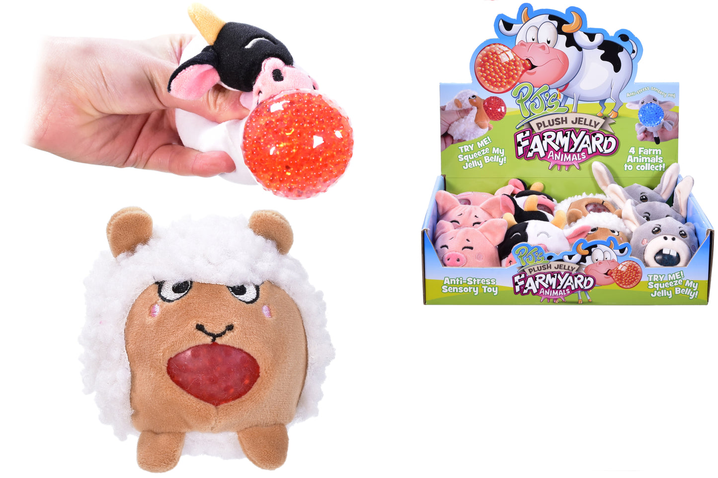 Adoptez d'adorables peluches Jelly Squeezers - Animaux de la ferme dans une boîte de présentation.