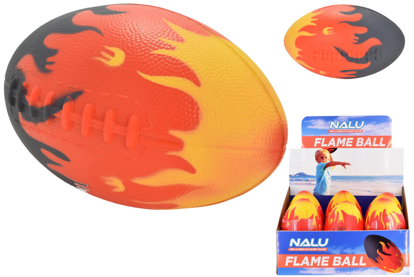 Premium 8" PU Flame Rugby Ball in Display Box - "Nalu" Authentic Rugby Gear