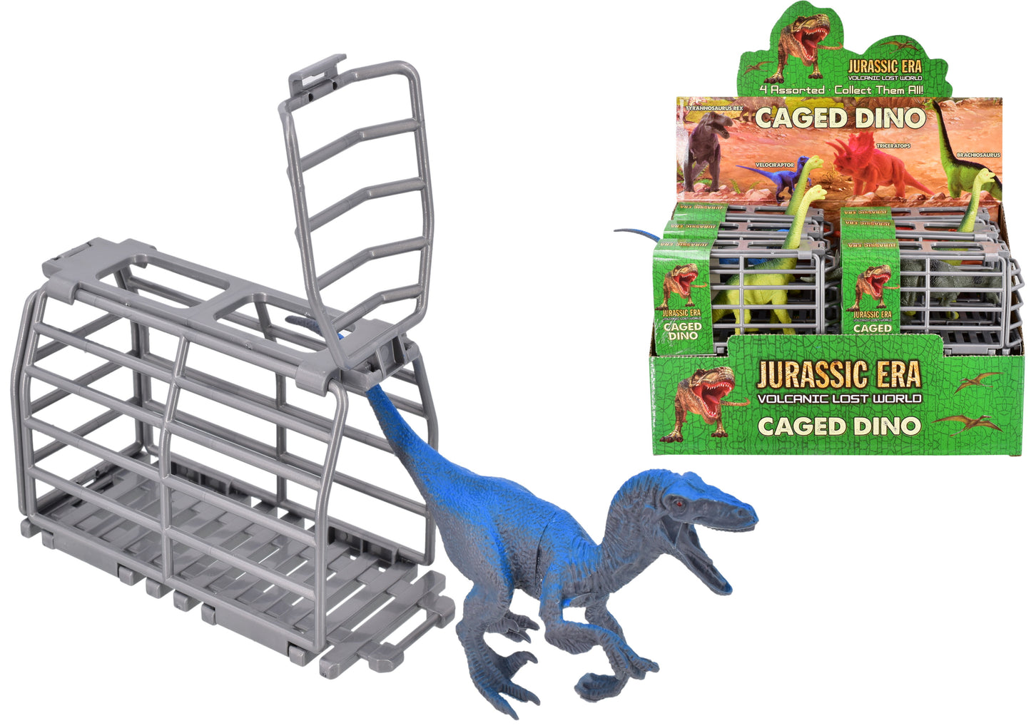 Découvrez le charme des dinosaures en cage : 4 figurines assorties dans une boîte de présentation