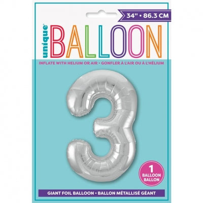 Giant No 3 Silver helium/ Air Foil Balloon 34 in