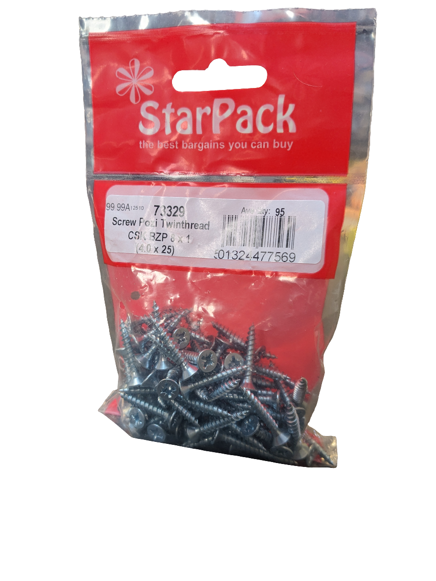 Vis Star Pack Pozi, double filet, tête fraisée, zinguée brillant, 8x1 (4.0x25) Qté moyenne 95