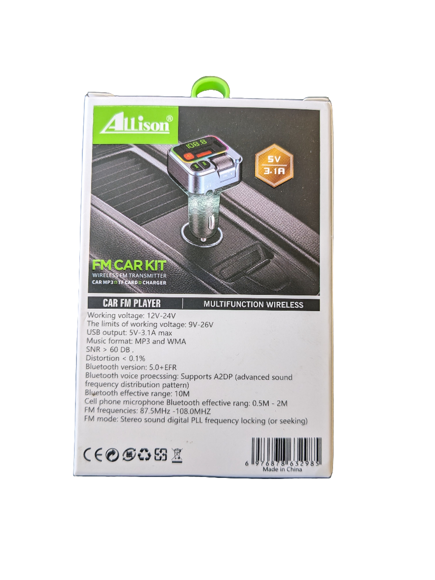 Allison ALS-A169 FM Car Kit, Wireless FM transmitter and car charger.