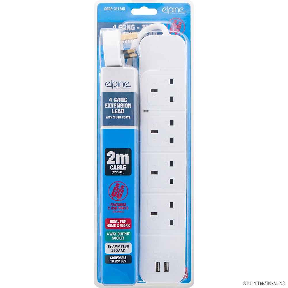 Multiprise 4 prises 2 m avec 2 ports USB - Puissance et connectivité à portée de main