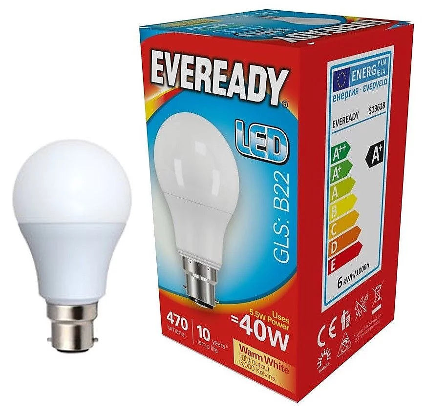 EVEREADY LED GLS BULB B22 4.9w=40w WARM WHITE 470LM