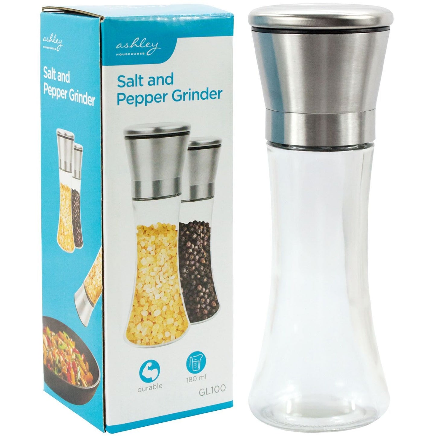 Ashley Housewares Glass Salt or Pepper Mill Grinder,