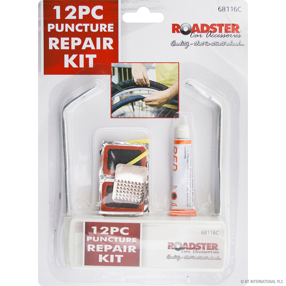 Kit de Réparation de Crevaison Vélo Roadster 12 pièces - Kit Essentiel d'Entretien de Pneu et Chambre à Air de Vélo