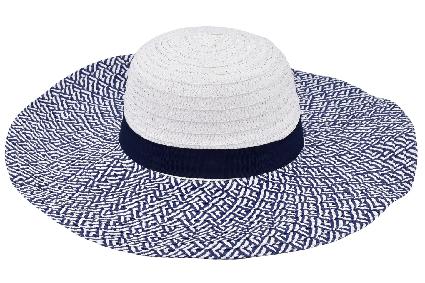 Chapeau élégant pour femme à large bord, Mosaïque bleue et blanche