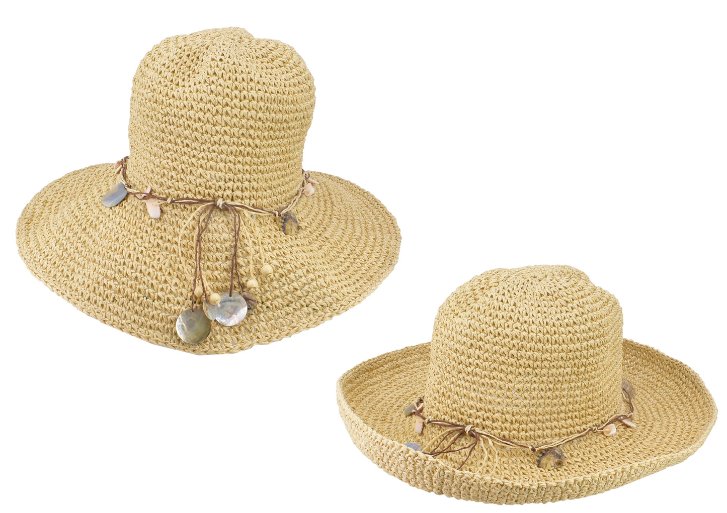 Chapeau à larges bords souple pour femme avec coquillages | Protection solaire élégante pour femme