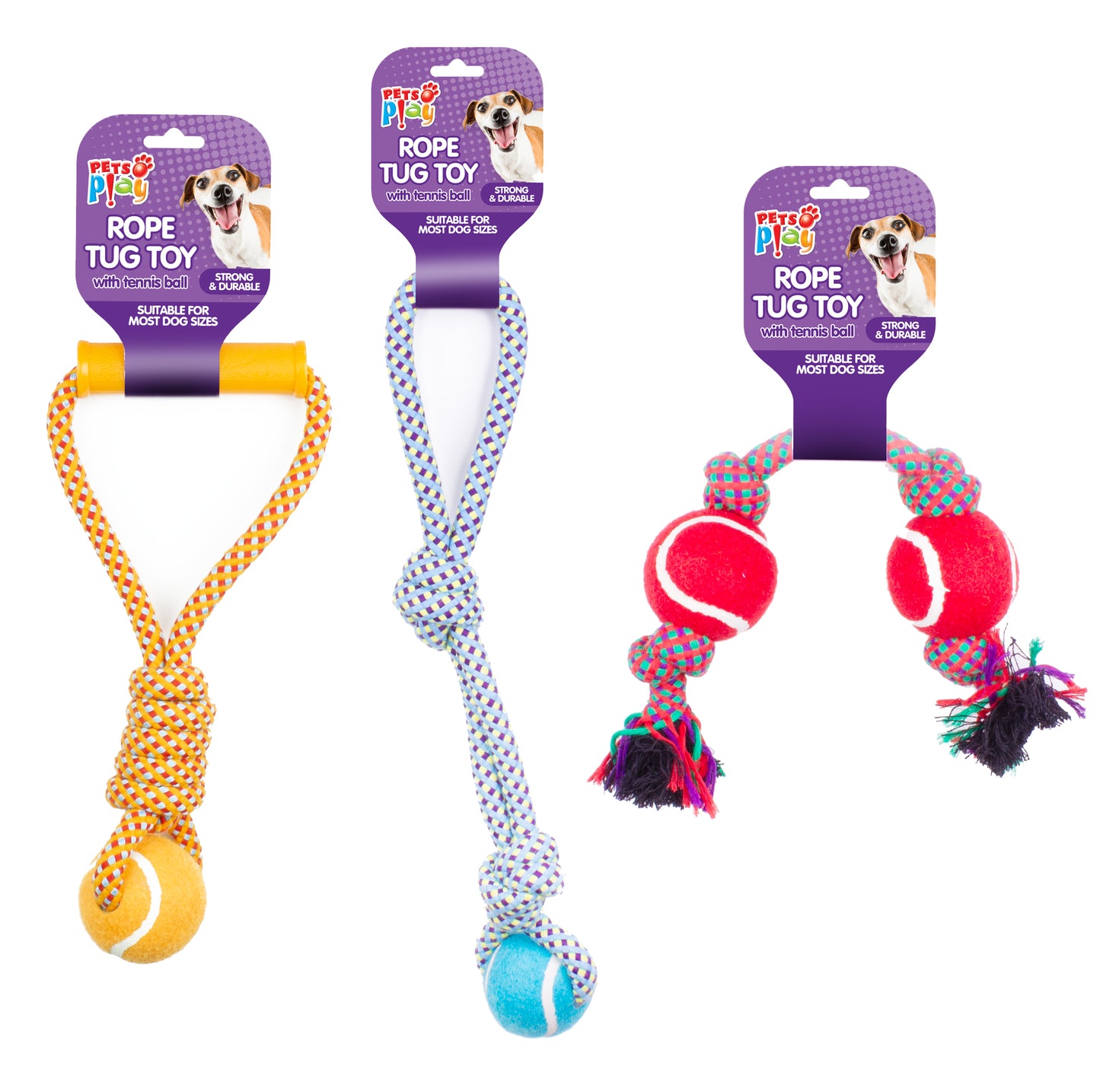 Grands jouets en corde avec balle de tennis - 3 assortis