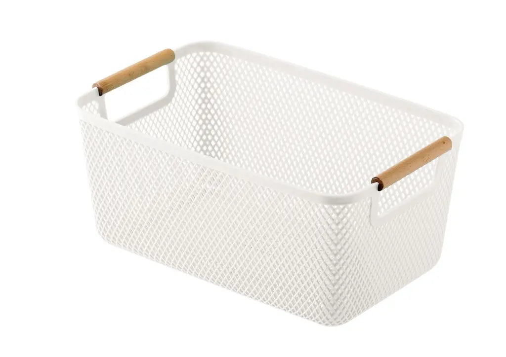 Plastic Storage Basket Wooden Handle Medium - White (32x20.5x14.5cm)