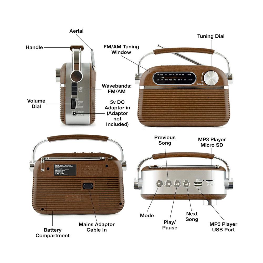 Radio portable rechargeable 2 bandes « Vintage » Lloytron + MusicStream - Chêne foncé