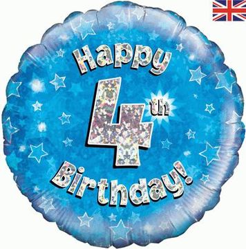 Oaktree Ballon en aluminium bleu holographique de 4ème anniversaire joyeux, 18 pouces