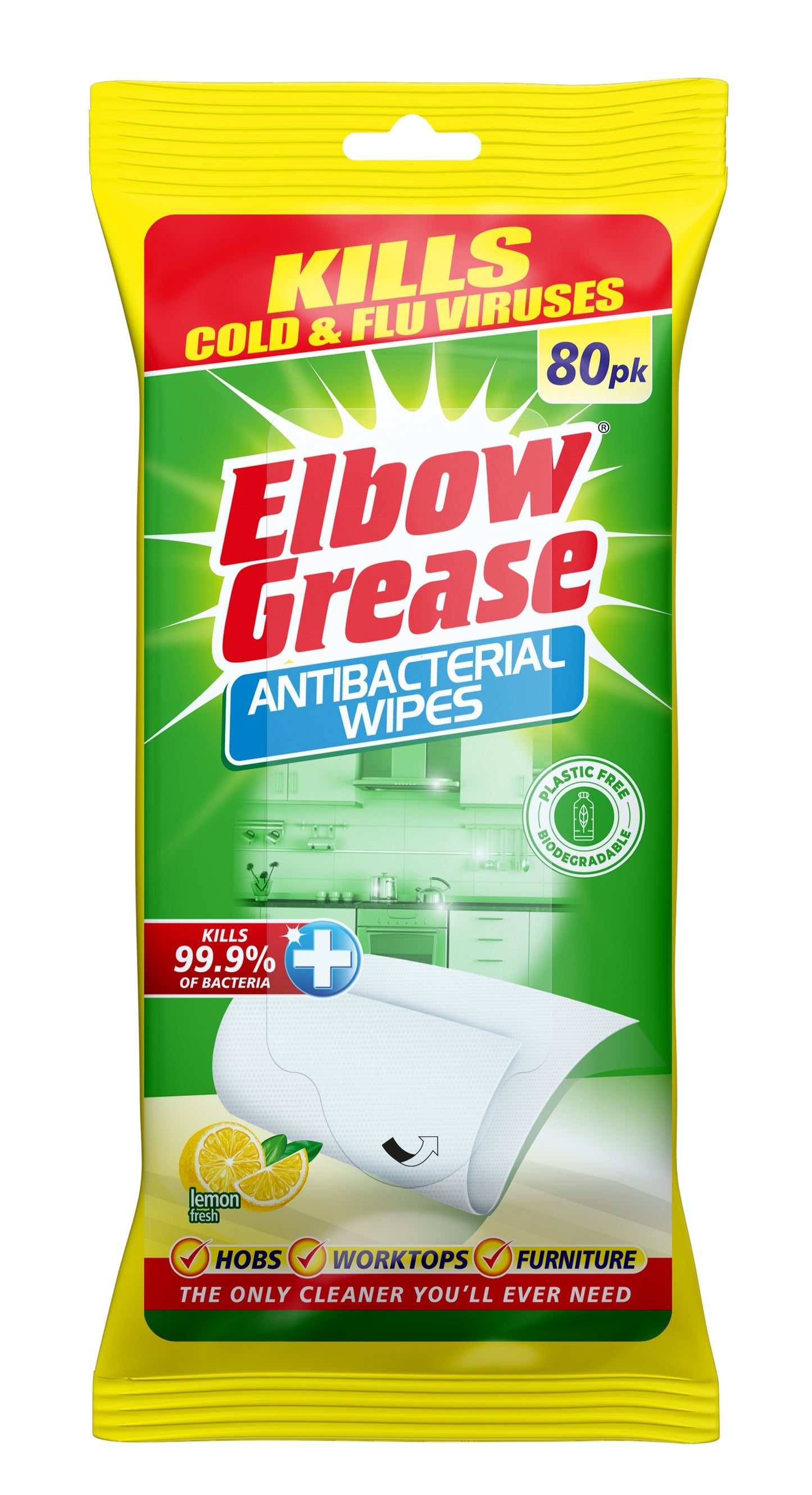 Elbow grease Anti B Biodegradable Multi Surface Wipes Lemon 80pk