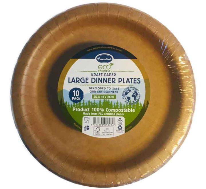 ESEENTIAL ECO FRIENDLY 10"/26cm KRAFT PAPER LARGE DINNER PLATES 10pack