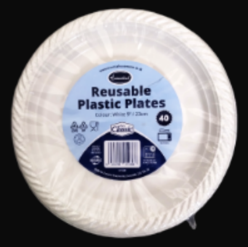 Essential 40pk 23cm / 9” White Plastic Plate Reusable