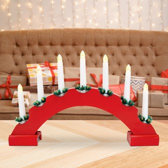 Christmas Workshop Candle Bridge Battery Operated Red Arched Wooden 7 LED Candles Warm White Battery Operated