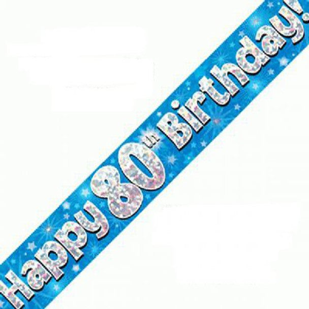 Happy 80th Birthday Blue Holographic Banne 9 Feet long