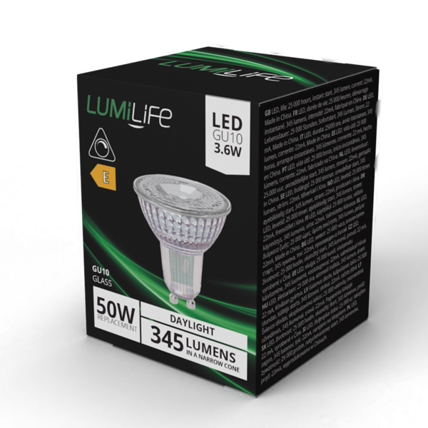 S16384 Lumilife 3.6W Glass GU10 LED 345 Lumen 5,000K (Daylight) Dimmable Box of 1