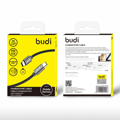 Câble tressé Budi USB-C vers USB-C réversible en aluminium PD 65W 2M Noir