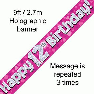 Happy 12th Birthday Foil Holographic Banner, Pink, 9ft