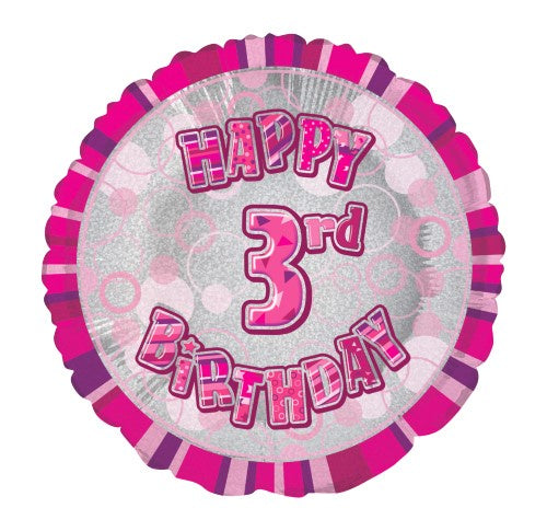 Glitz Pink 3rd Birthday Round 45cm (18") Foil Balloon
