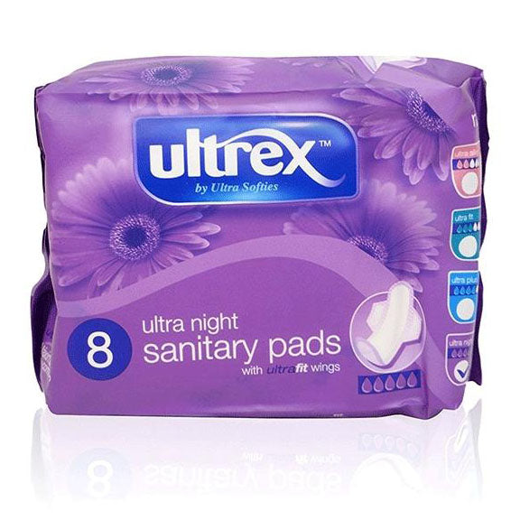 Serviettes hygiéniques de nuit Ultrex Ultra avec ailettes – Paquet de 8