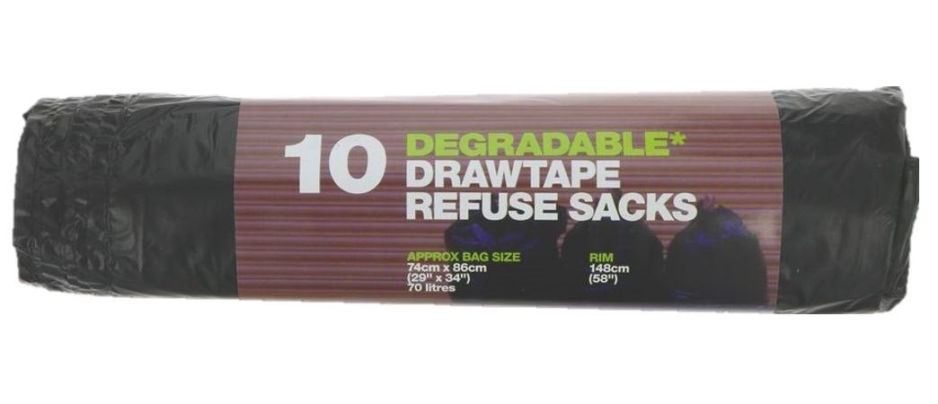 10 Roll Degradable Drawtape Refuse Sacks 70L(29"x74")