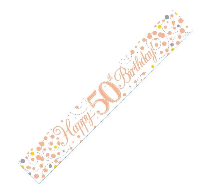 9FT WHITE & ROSE GOLD 50TH BIRTHDAY HOLOGRAPHIC BANNER