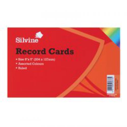 Silvine Record Cards Ruled 203x127mm Assorted Colours (Pack 100) - 585AC