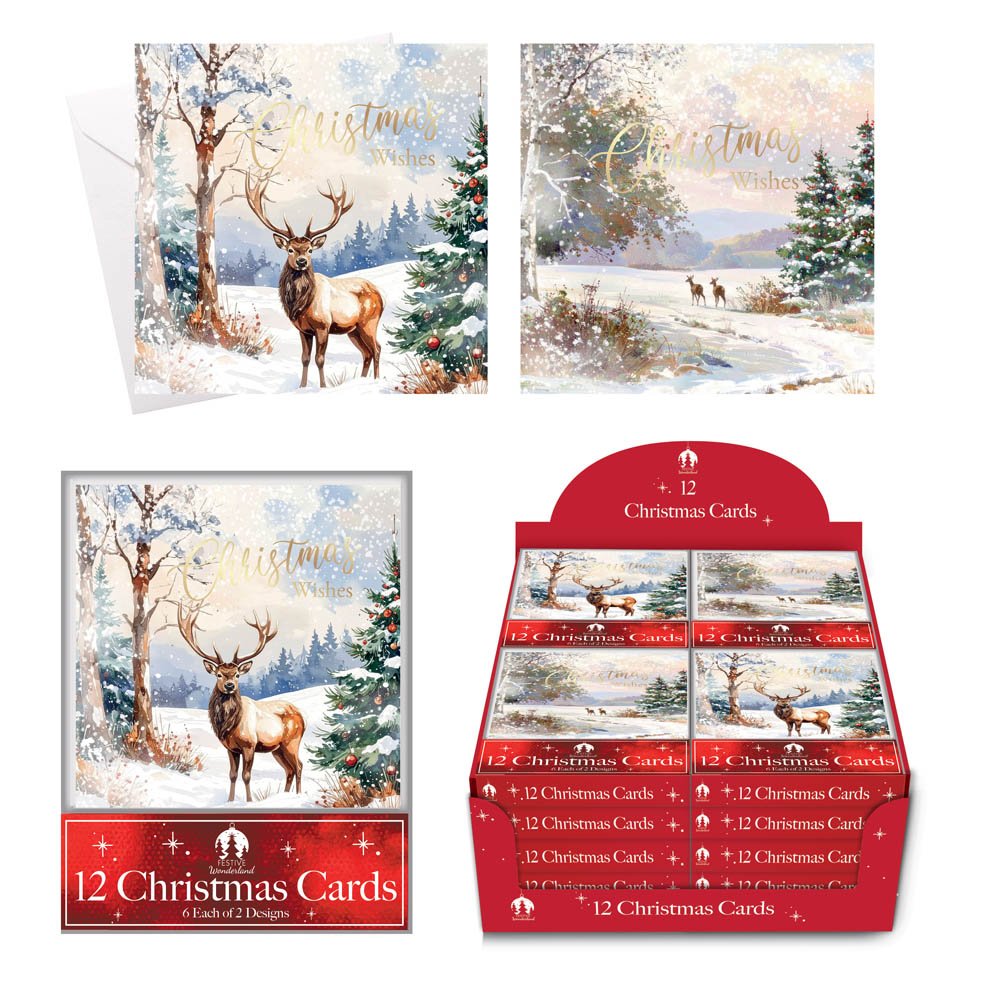 12 FESTIVE WONDERLAND 12in 14x14cm SQUARE CHRISTMAS ACETATE CARDS - DEER SCENE
