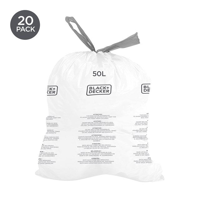 Black & Decker Drawstring Bin Liners Bags 50Ltr 20Pk