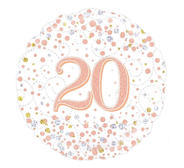 Oaktree 18inch 20th Sparkling Fizz Birthday White & Rose Gold Holographic Balloon