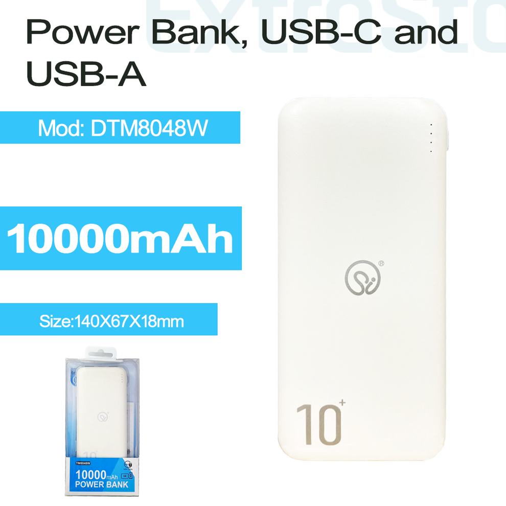 Extrastar
Batterie externe 10000 mAh, USB-C et USB-A Blanc (DTM8048W)