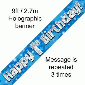 Happy 1st Birthday Foil Holographic Banner, Blue, 9ft