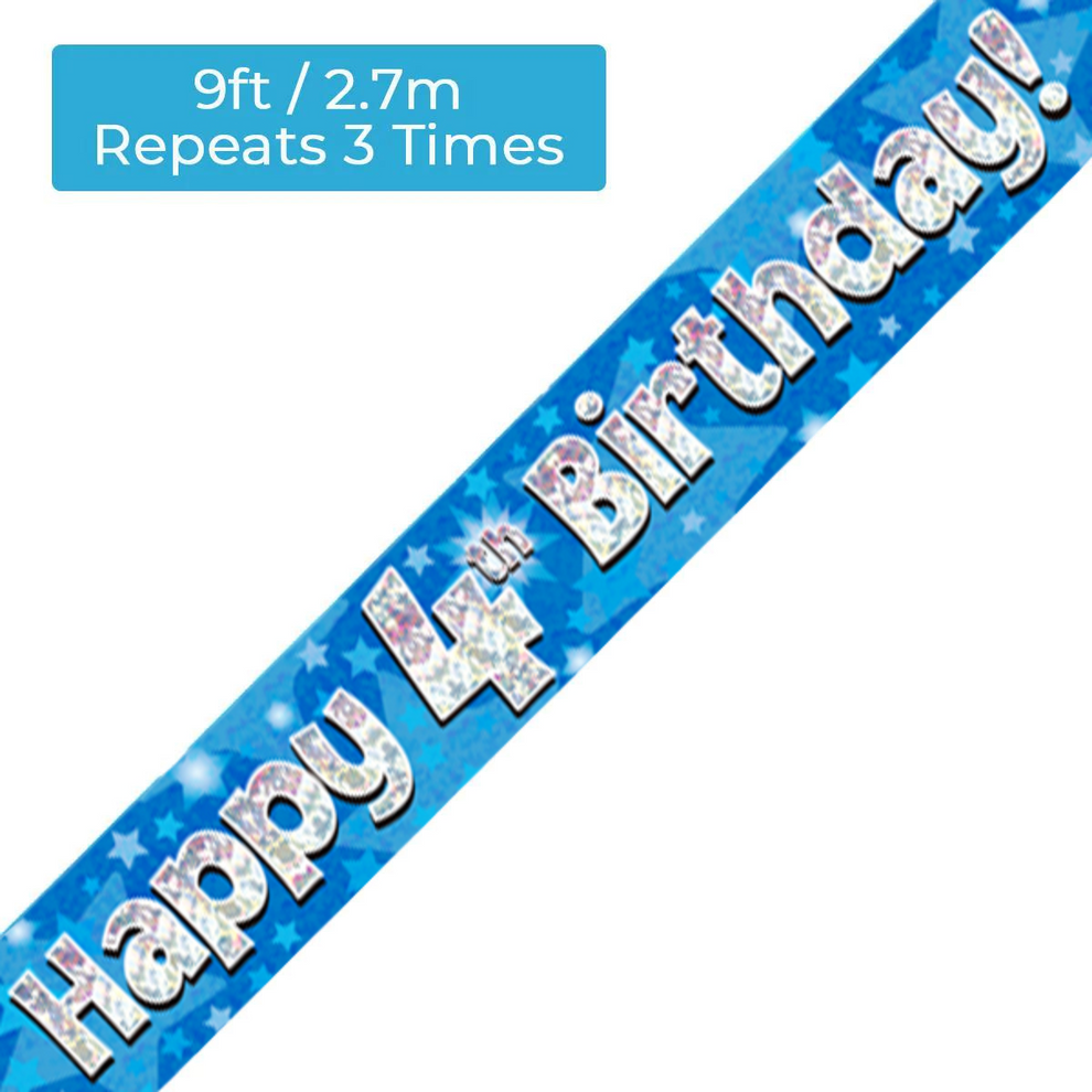 Banderole d'Anniversaire Holographique Bleue 2,74 m pour 4 Ans
