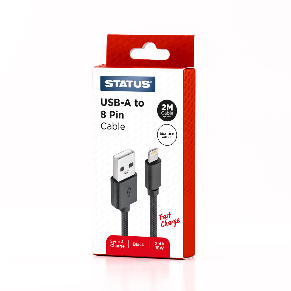 USB A to 8 Pin Sync and Charge Cable - Fast Charge - 2.4 Amp - 18w - 2 Mtr - Black Braided - Status - 1 pk Box