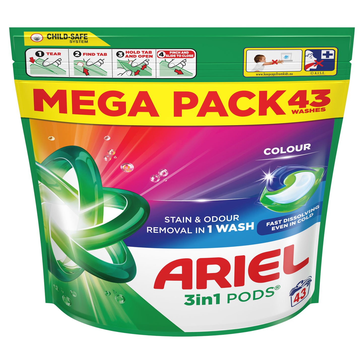 Ariel 3 in 1 Fast Dissolving Stain & Odour Removal Pods for Colours - 43 Washes