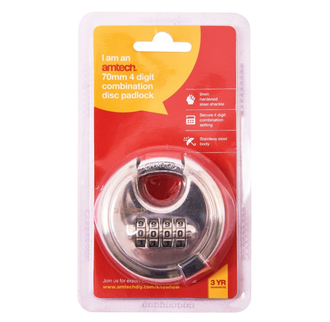 Cadenas à combinaison en acier inoxydable Amtech 70 mm à 4 chiffres