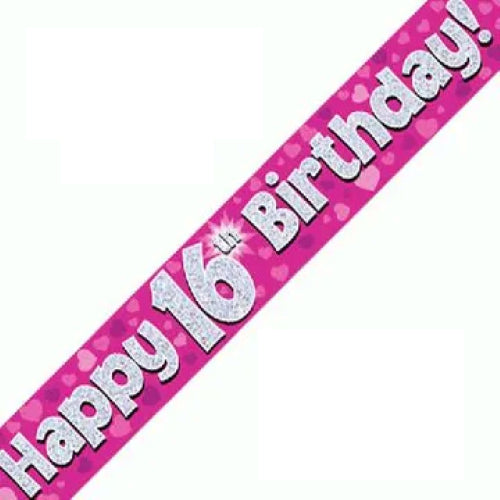 Bannière holographique rose 16e anniversaire 2,74 m