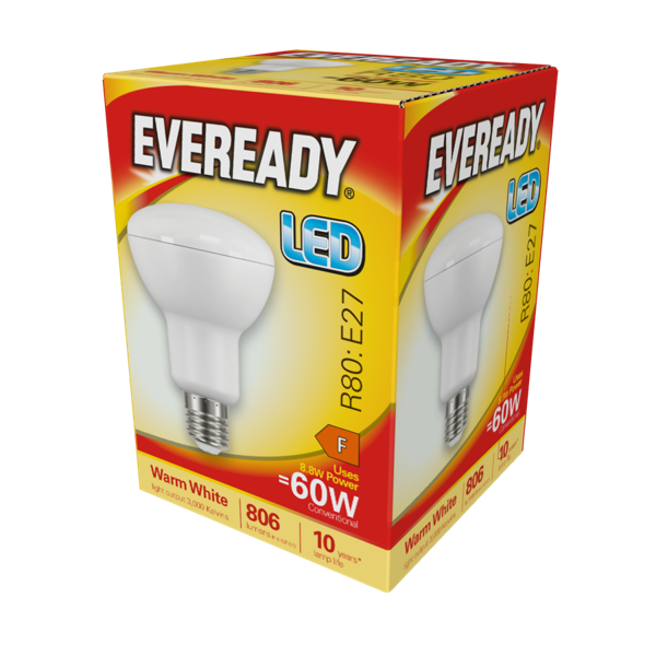 Eveready LED R80 Reflector E27 (ES) 806lm 8.8W 3,000K (Warm White), Box of 1
