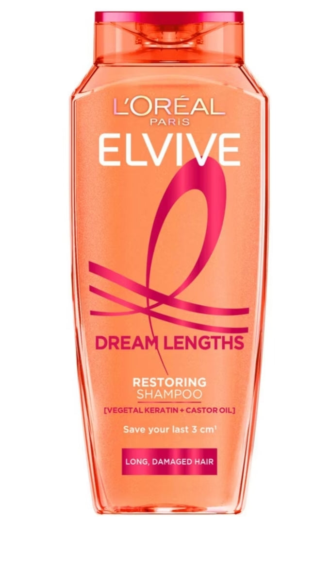 L'Oréal Paris Elvive Dream Lengths Restoring Shampoo - Long Hair, Vegetal Keratin, Castor Oil, 250ml