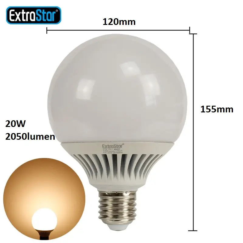 ExtraStar Ampoule LED G120 sphérique 20W, E27 Blanc Chaud 3000K
