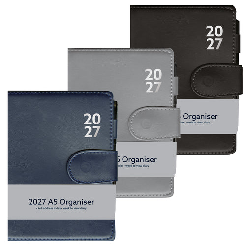 2027 A5 WEEK TO VIEW PREMIUM PADDED ORGANISER WITH FASTENER ASSORTED COLOURS