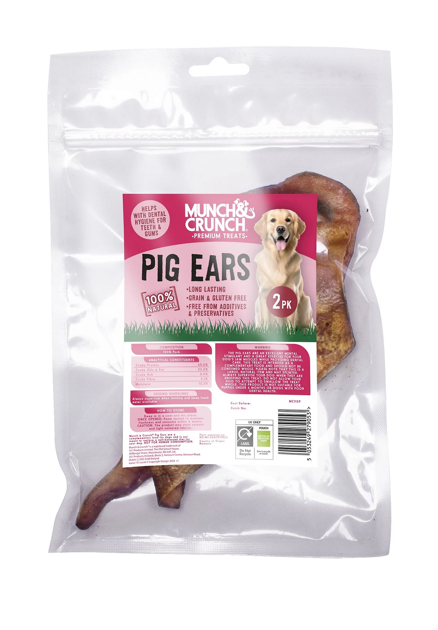 Munch & Crunch Pig Ears Natural Dog Treat Pack of 2