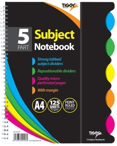 TIGER A4 - Cahier 5 Matières Reliure Intégrale 125 Feuilles - 302026