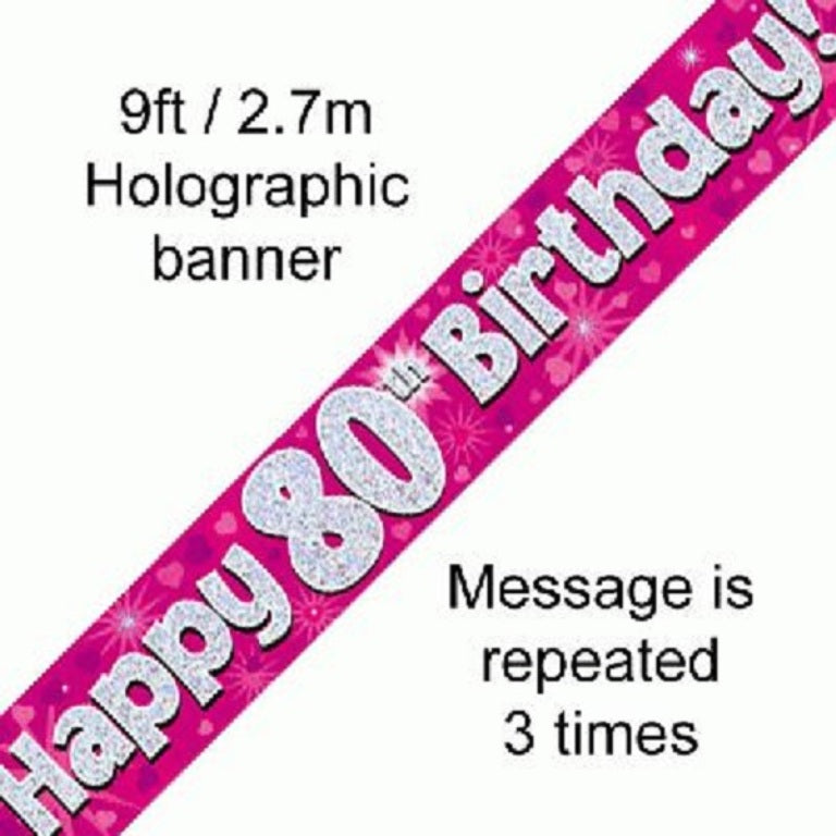 Happy 80th birthday banner 9 feet Pink