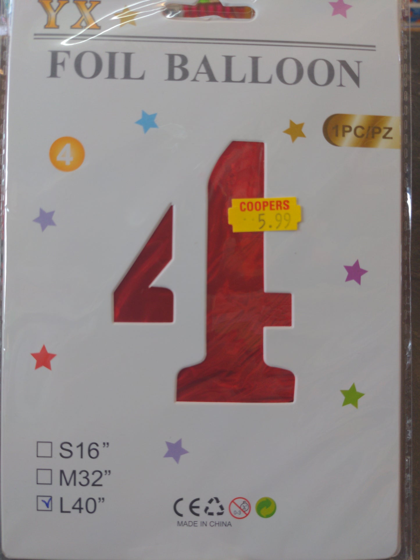 Giant No 4 helium/ Air Foil Balloon L40in Red