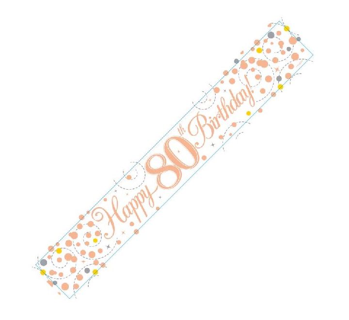 Bannière joyeux 80e anniversaire blanche et or rose de 2,74 m