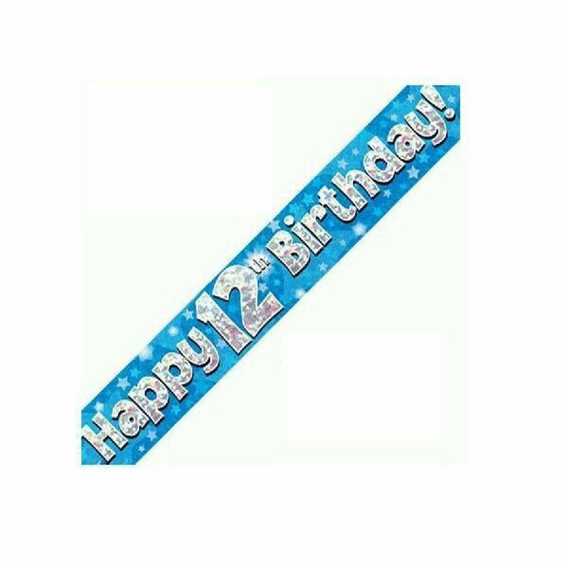 Happy 12th Birthday 9ft Holographic Banner Blue