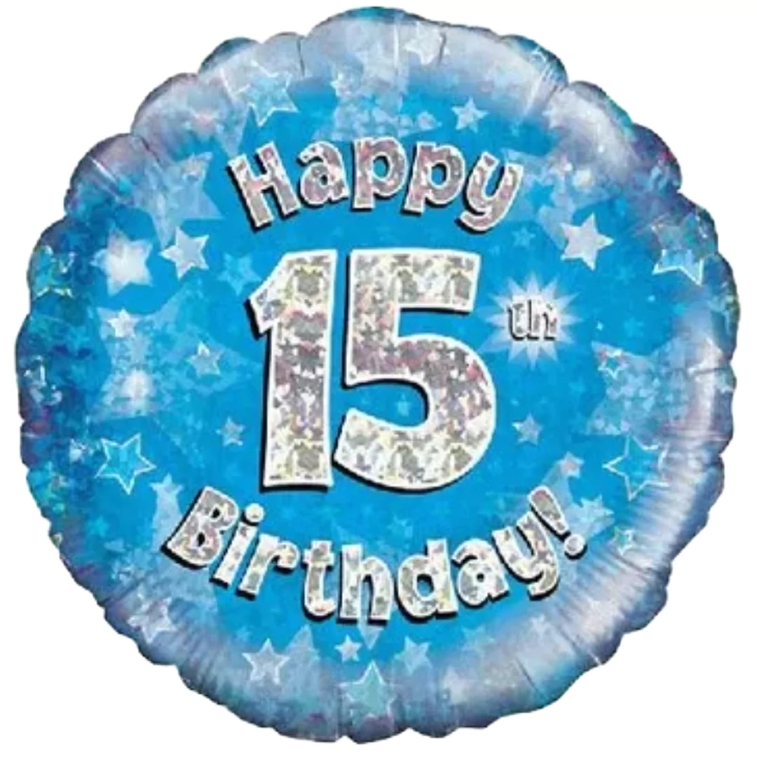Happy 15th birthday Blue Holographic Helium balloon 18in
